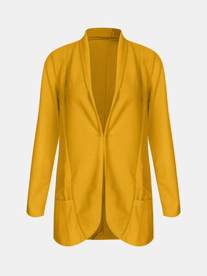 Gold open-front blazer with rolled sleeves and two front pockets
