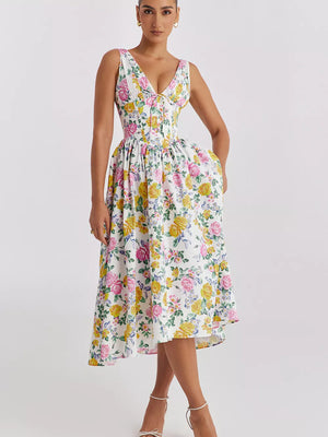 Floral print V-neck midi dress with a-line skirt and gathered bodice.