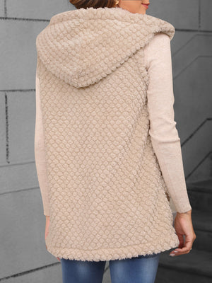 Textured sherpa hooded longline gilet in Dust Storm, showing back view and cozy material.