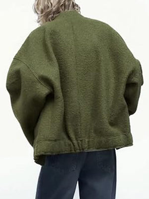Moss green boucle cocoon jacket with snap closure and elastic hem