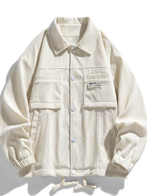Classic corduroy button-down jacket in apricot with chest pockets and drawstring hem.