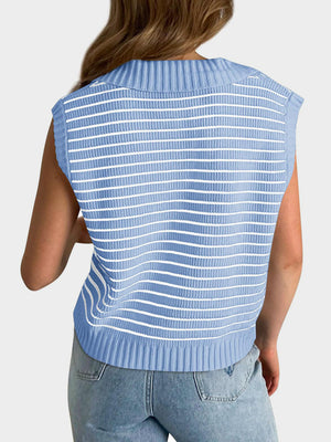 Light blue ribbed knit polo vest with white horizontal stripes and a collared neckline.