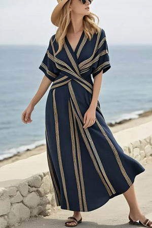 Dark Navy striped wrap maxi dress with V-neck and short sleeves.