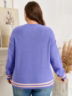 Plus size lavender knit sweater with striped cuffs and hem