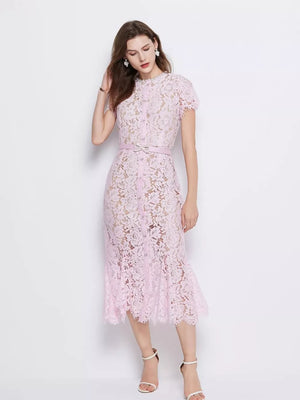 Powder floral lace mermaid dress with short sleeves and belt.