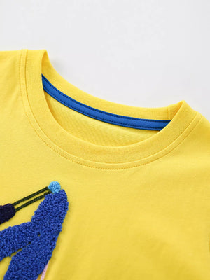 Yellow cotton crew neck t-shirt for kids with a textured blue excavator patch detail.