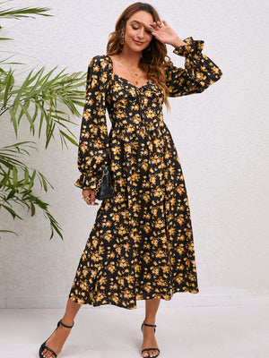 Black floral print midi dress with sweetheart neckline and slit front