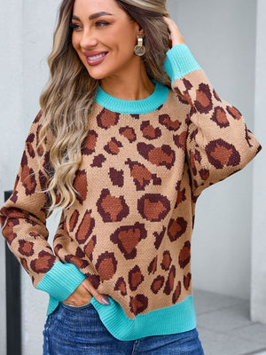 Leopard print knit sweater with crew neck and contrast blue cuffs and hem.
