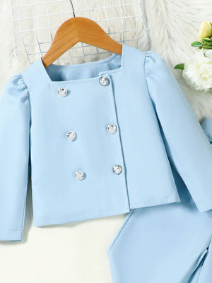 Toddler blue double-breasted blazer with decorative buttons and puff sleeves.