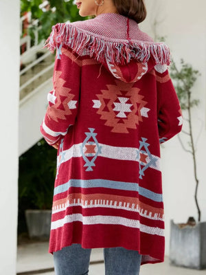 Fringe Geometric Hooded Cardigan in Deep Red, close-up detail