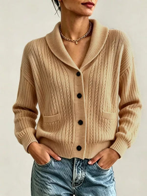 Full Size Shawl Collar Cable Knit Cardigan in White, front view