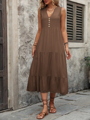 Brown tiered midi sundress with button detail and V-neck