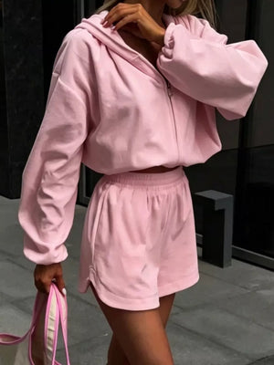 Long Sleeve Zip-up Hoodie And Shorts Set, product detail