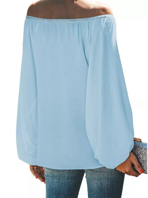 Sky blue off-shoulder maternity blouse with balloon sleeves.