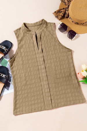 Khaki Mandarin collar tank top with textured grid pattern and button placket detail.
