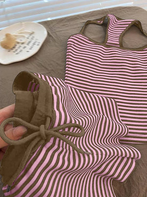 Pink and brown striped tank top and shorts set with drawstring detail