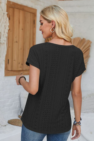 Black perforated eyelet cuffed tee with short sleeves and a v-neck.