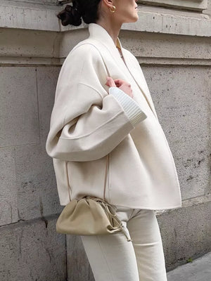 Elegant Stand Collar Open Front Outerwear in White, side view