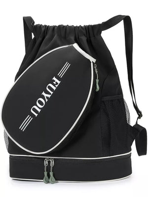 Black drawstring backpack with racket compartment and mesh pockets.