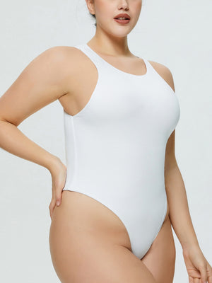 White tank bodysuit with high-cut leg and racerback detail