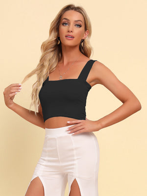 Black square neck knit crop top with wide straps.