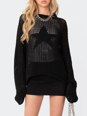 Black open knit sweater with a large star detail, crew neck, and long sleeves.
