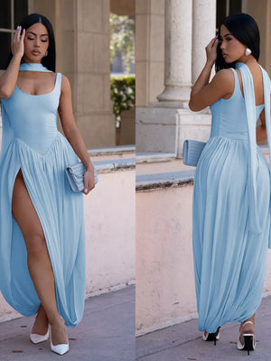 Sky blue scoop neck maxi dress with high slit and draped detail.