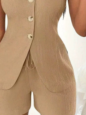 Tan button-down vest and shorts set with drawstring detail