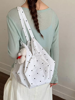 Polka Dot Shoulder Bag in White, fabric detail