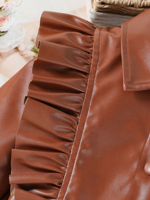 Brown faux leather toddler set with ruffled collar detail