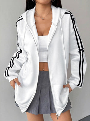 White zip-up hoodie with black stripes and bow details on sleeves.