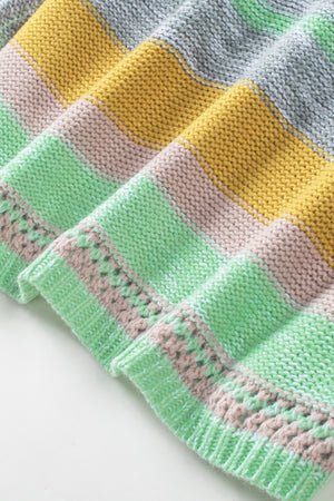 Open-shoulder knit pullover with horizontal stripes in gum leaf, yellow, pink, and grey acrylic.