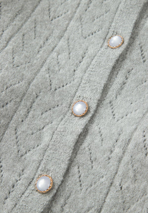Gray lace-effect knit button-down cardigan with pearl buttons and diamond pattern.
