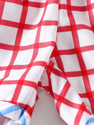 Baby red and white plaid cotton shorts with blue striped trim
