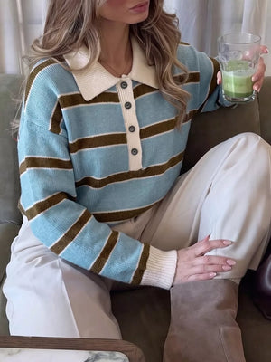 Striped Polo Collar Sweater in Blue, close-up detail