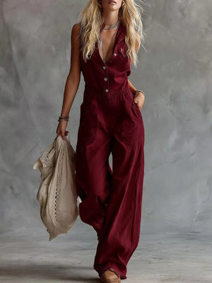 Western Sleeveless Wide-leg Button-down Jumpsuit in White, back view