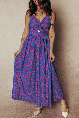Floral cutout backless maxi dress in blue with pink floral print, V-neck, and tie-front bodice.