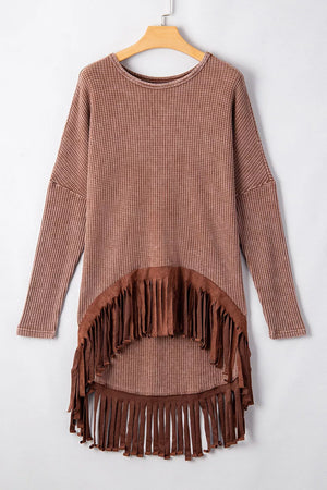 Waffle Knit Fringed High Low Loose Top in Brown, close-up detail