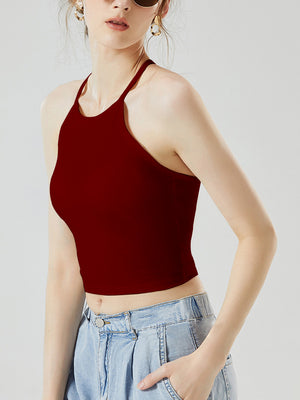 Burgundy ribbed racerback crop top with thin straps and a keyhole back detail.