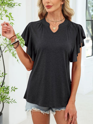 Gray ruffled sleeve tee with notched V-neck and gathered detail at shoulders.