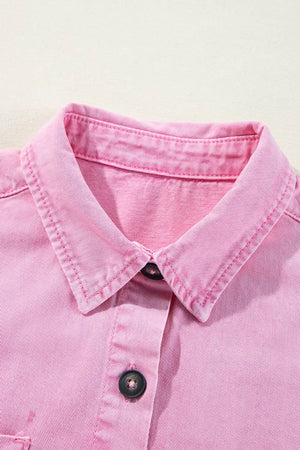 Rolled sleeve denim shirtdress in blush pink with button detail