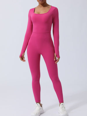 Hot Pink long sleeve sculpting jumpsuit with thumbholes and square neckline.
