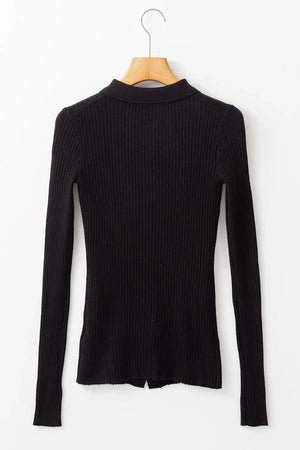Black ribbed knit polo cardigan with button detail
