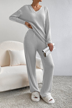 Light Gray ribbed knit loungewear set with V-neck top and wide-leg pants.