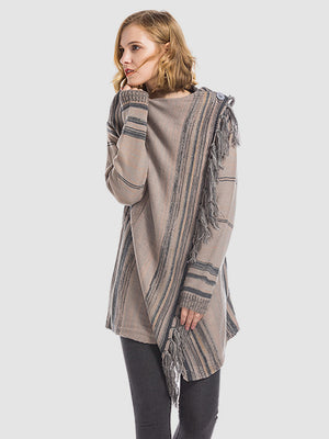 Asymmetric fringe stripe cardigan in ochre with a draped hem and button detail.