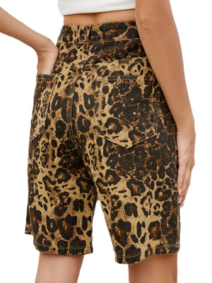 Leopard print denim bermuda shorts with a high waist and back pockets.