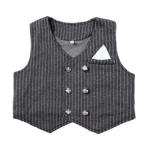 Baby boys dark gray pinstripe vest with double-breasted buttons and pocket square detail