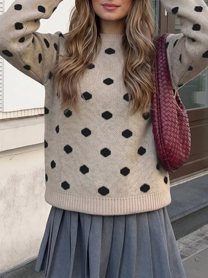 Polka Dot Dropped Shoulder Sweater in Khaki, model styling view