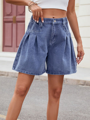 Dusty blue denim culotte shorts with front pleats and a buttoned fly.