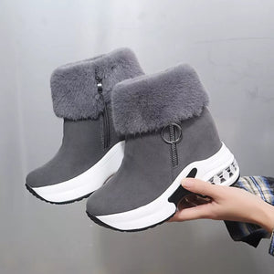 Gray plush side-zipper high heel ankle boots with air cushion sole